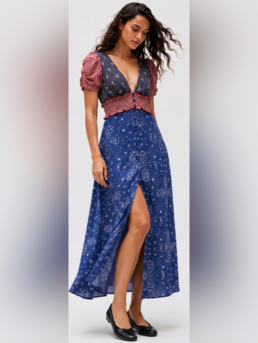 Kimchi Blue Ioni Plunging Puff Sleeve Midi Dress Small NWOT Floral Cottagecore